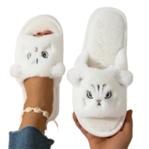 Cartoon Cat Slippers for Women – Open Toe Faux Fur Non-Slip