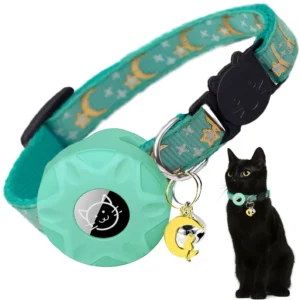 Cat Collar with AirTag Holder and Moon Charm – Kitten Safety Tracking Collar