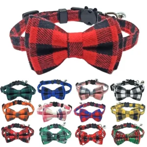 Breakaway Cat Collar with Bow Tie and Bell – Cute Plaid Christmas Adjustable